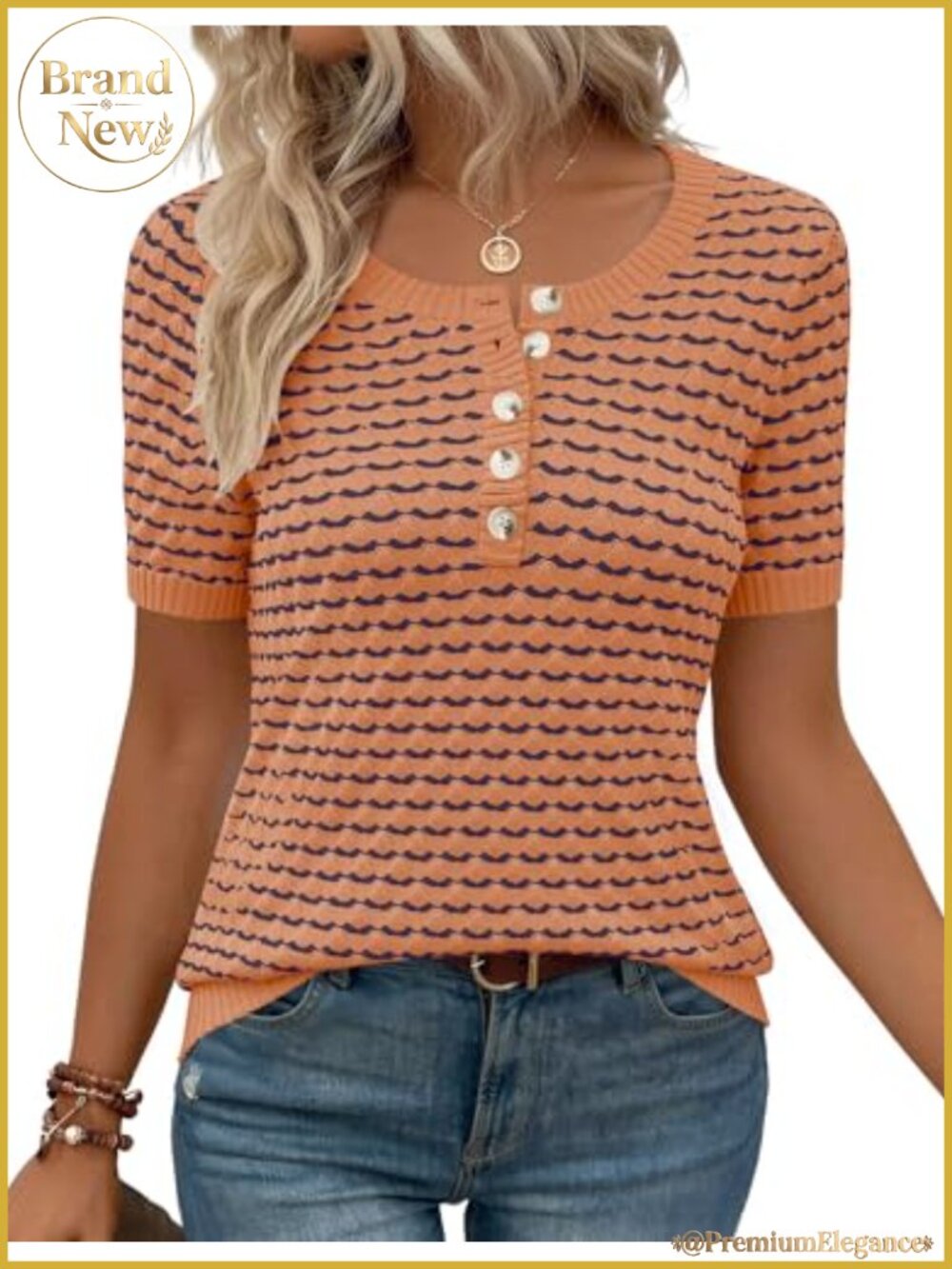 Women's Short Sleeve Henley Stripe Pullover Sweater Lightweight Viscose Blend